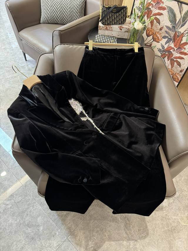 Xz24017#新款套装 M 新中式 珠绣重工 真丝绒 西装外套长裤 套装 黑色 Smlxl